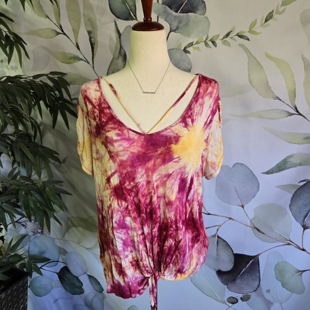 NOBO | Tie Dye Front Knot Loose Fit Bouse in Pink & Yellow sz XL